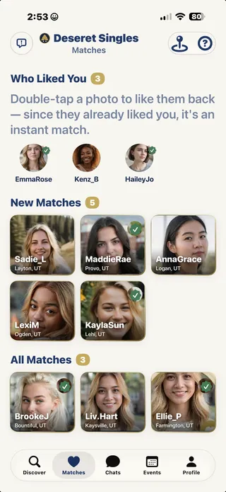 The Matches screen: who liked you, new matches and all matches